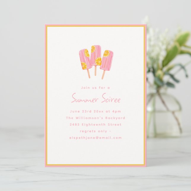 Cute Pink Popsicle Lemon Summer Soiree Party Einladung (Stehend Vorderseite)