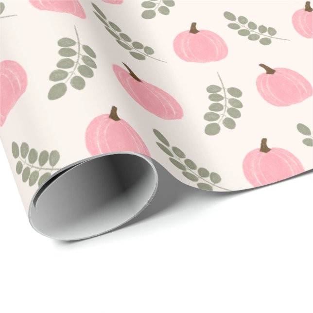 Cute Pink Pumpkin Eucalyptus Fall Pattern Geschenkpapier (Rolleneckpunkt)