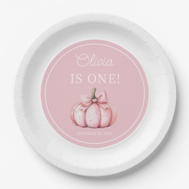 Cute Pink Pumpkin Girl 1st Birthday Pappteller (Vorderseite)