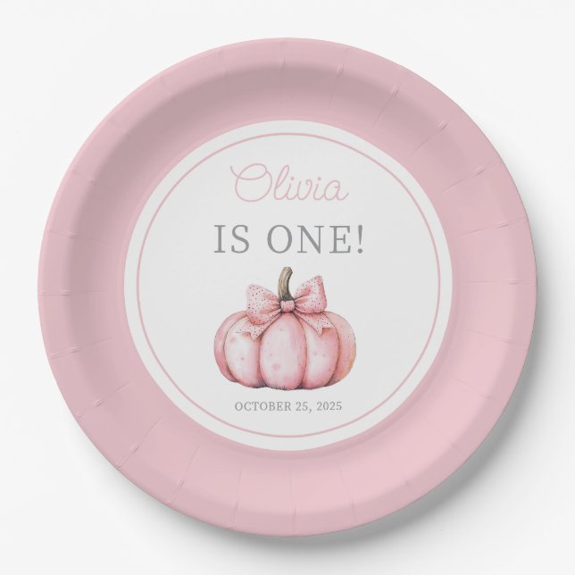 Cute Pink Pumpkin Girl First Birthday Pappteller (Vorderseite)