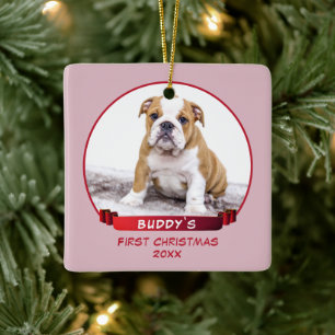 Cute Pink Puppy 1st Christmas Dog Photo Keramikornament