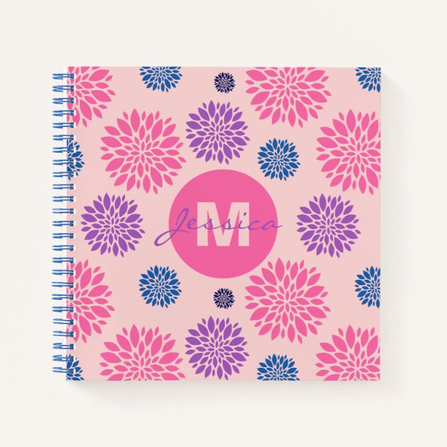 Cute Pink Purple Blue Floral Pattern Personalised Notizbuch (Vorderseite)