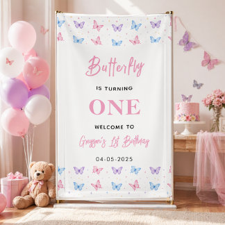 Cute Pink Purple Butterfly 1st Birthday for Girls Banner