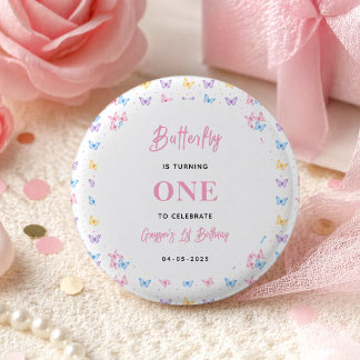 Cute Pink Purple Butterfly 1st Birthday for Girls Button