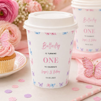 Cute Pink Purple Butterfly 1st Birthday for Girls Pappbecher