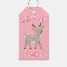 Cute Pink Reindeer Kid`s Name Christmas Geschenkanhänger