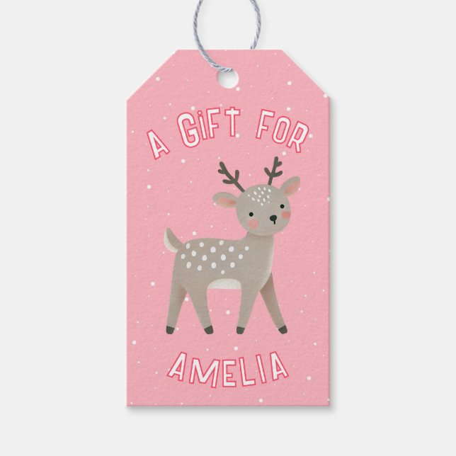 Cute Pink Reindeer Kid`s Name Christmas  Geschenkanhänger (Vorderseite)