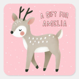 Cute Pink Reindeer Kid`s Name Christmas Gift Quadratischer Aufkleber