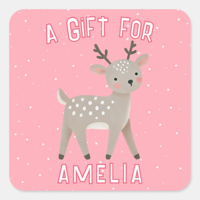 Cute Pink Reindeer Kid`s Name Christmas Gift Quadratischer Aufkleber (Vorderseite)