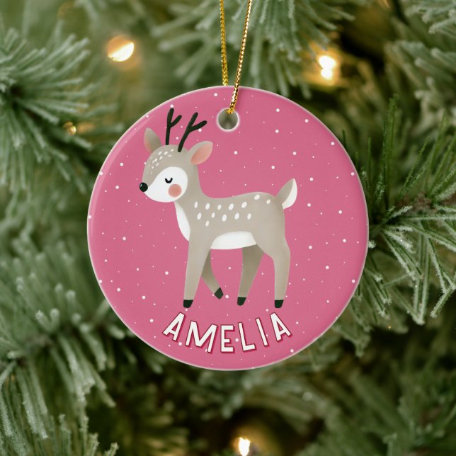 Cute Pink Reindeer Kid`s Name Christmas Keramik Ornament (Baum)