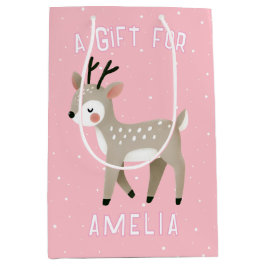 Cute Pink Reindeer Kid`s Name Christmas Mittlere Geschenktüte