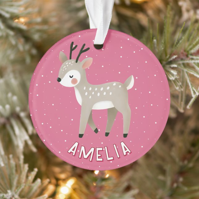 Cute Pink Reindeer Kid`s Name Christmas Ornament (Baum)