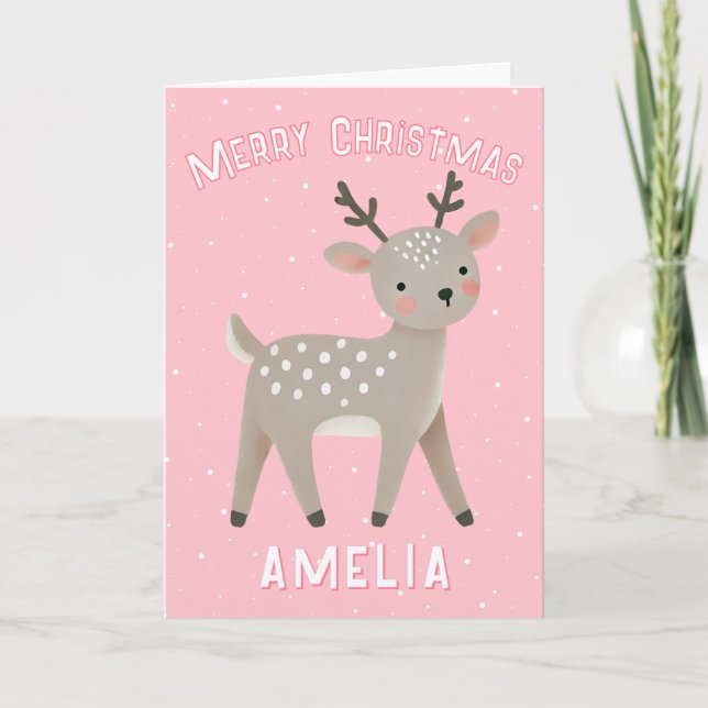 Cute Pink Reindeer Kid`s Name Merry Christmas Karte (Vorderseite)