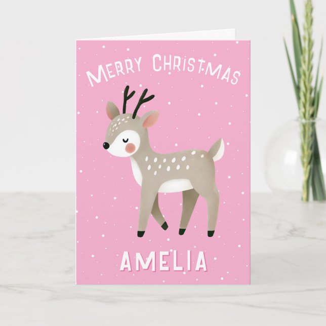 Cute Pink Reindeer Kid`s Name Merry Christmas Karte (Vorderseite)