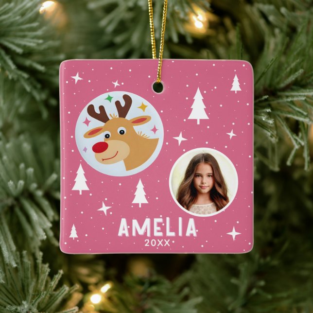 Cute Pink Reindeer Kid`s Name Photo Christmas Keramikornament (Baum)