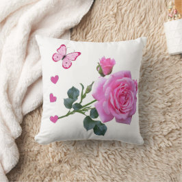 Cute Pink Rose Butterfly Hearts Throw Pillow  Kissen