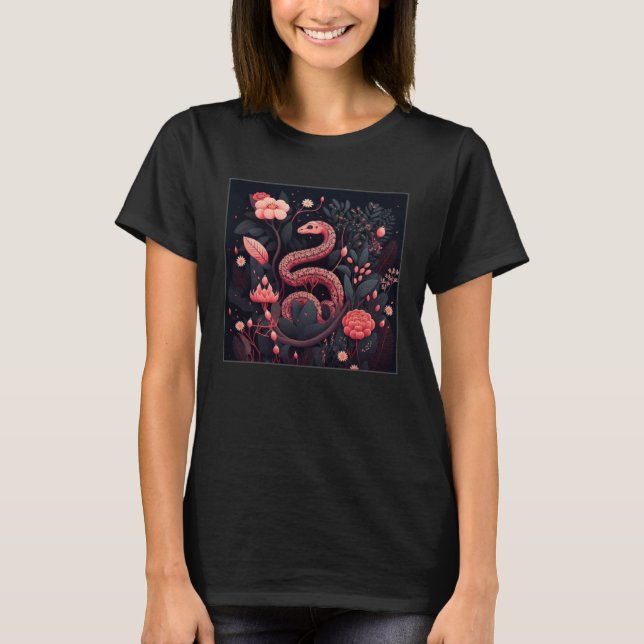 Cute Pink Snake Flowers Illustration Unique Women  T-Shirt (Vorderseite)