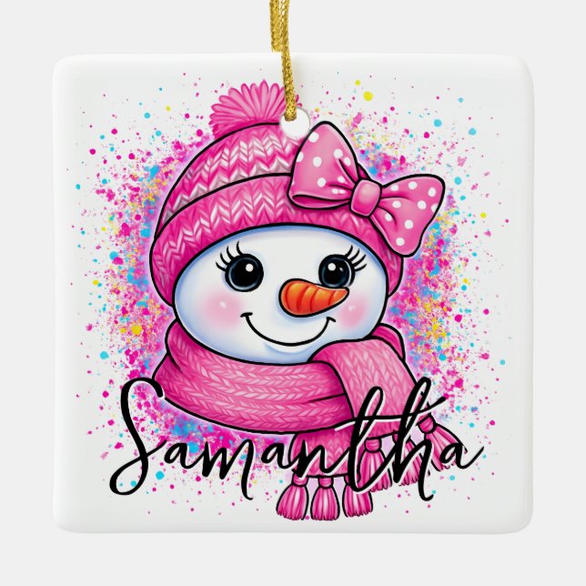 Cute Pink Snowgirl Photo Keramikornament (Vorderseite)