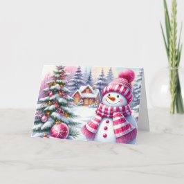 Cute Pink Snowman Christmas Feiertagskarte