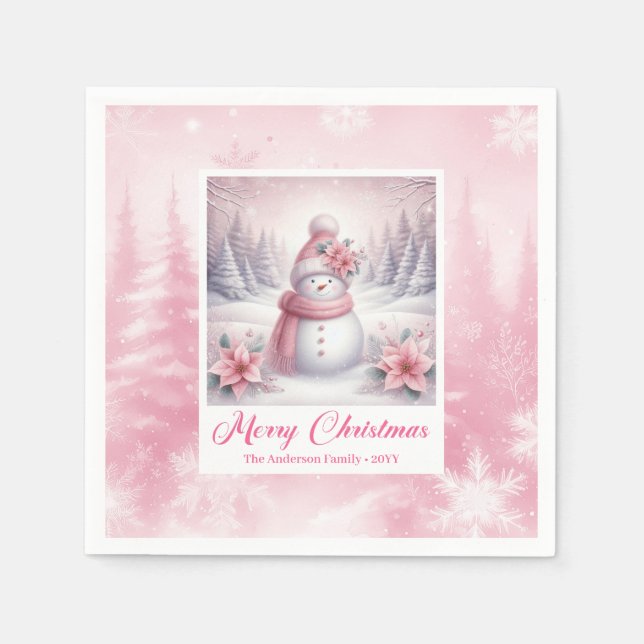 Cute Pink Snowman Christmas Napkin Winter Scene Serviette (Vorderseite)