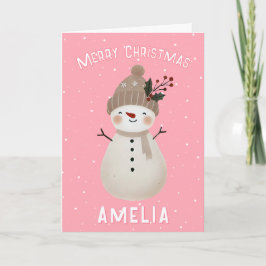 Cute Pink Snowman Kid`s Name Merry Christmas Karte