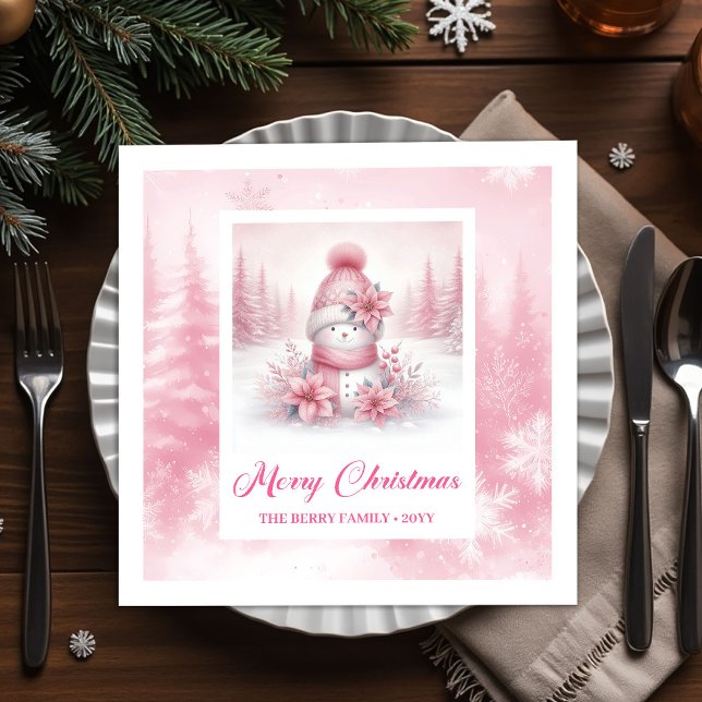 Cute Pink Snowman Watercolor Winter Scene Pinkmas  Serviette (Cute Pink Snowman Watercolor Winter Scene Pinkmas Christmas Napkins

)