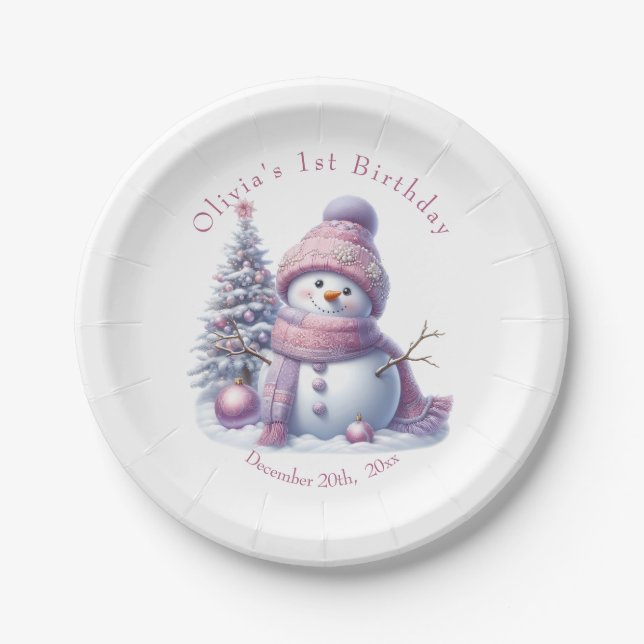Cute Pink Snowman Winter Birthday Pappteller (Vorderseite)
