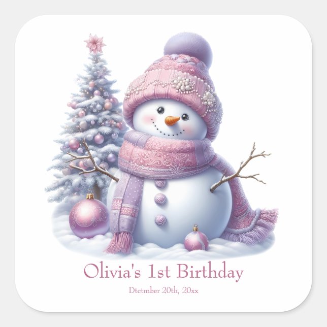 Cute Pink Snowman Winter Birthday Quadratischer Aufkleber (Vorderseite)