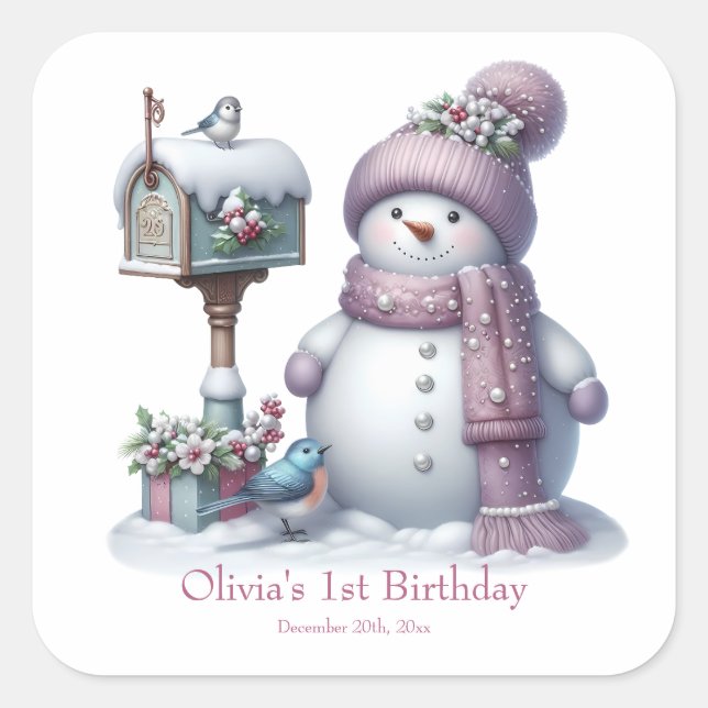 Cute Pink Snowman Winter Birthday Quadratischer Aufkleber (Vorderseite)