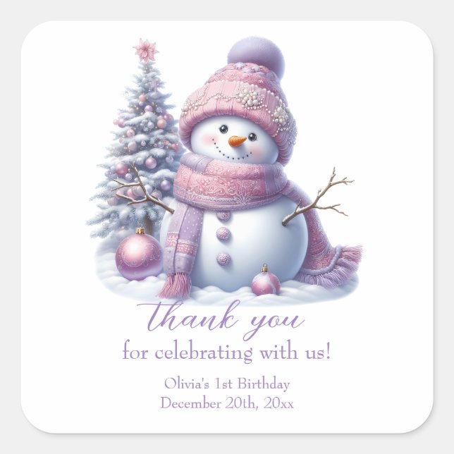 Cute Pink Snowman Winter Birthday Quadratischer Aufkleber (Vorderseite)