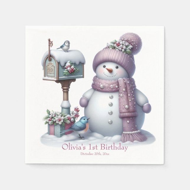 Cute Pink Snowman Winter Birthday Serviette (Vorderseite)