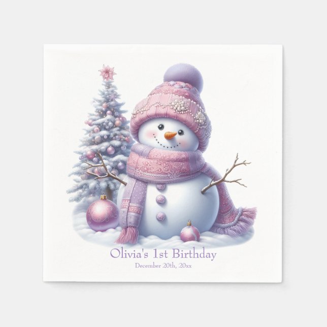 Cute Pink Snowman Winter Birthday Serviette (Vorderseite)