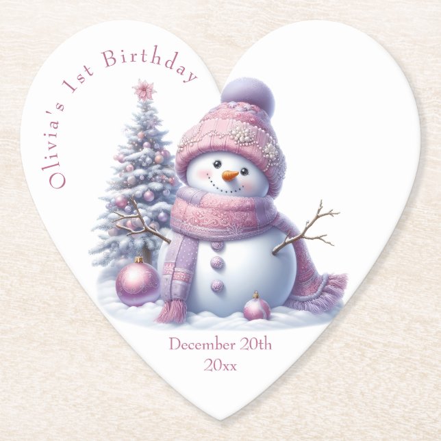 Cute Pink Snowman Winter Birthday Untersetzer (Vorderseite)
