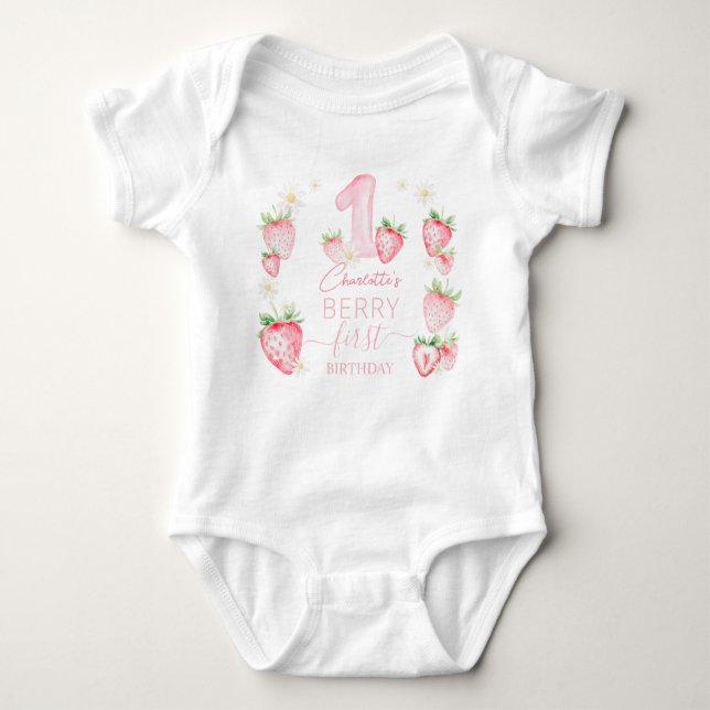Cute Pink Strawberries Berry First 1st Birthday Baby Strampler (Vorderseite)