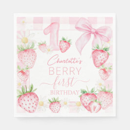 Cute Pink Strawberries Berry First 1st Birthday Serviette