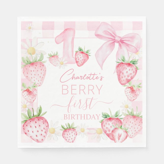Cute Pink Strawberries Berry First 1st Birthday Serviette (Vorderseite)