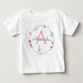 Cute pink swan & sun floral wreath with monogram baby t-shirt