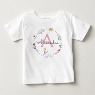 Cute pink swan & sun floral wreath with monogram baby t-shirt