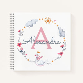 Cute pink swan & sun floral wreath with monogram notizbuch