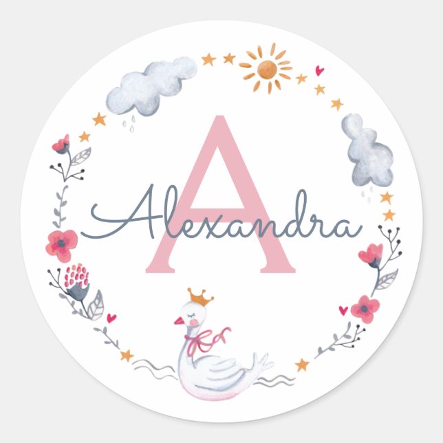Cute pink swan & sun floral wreath with monogram runder aufkleber (Vorderseite)