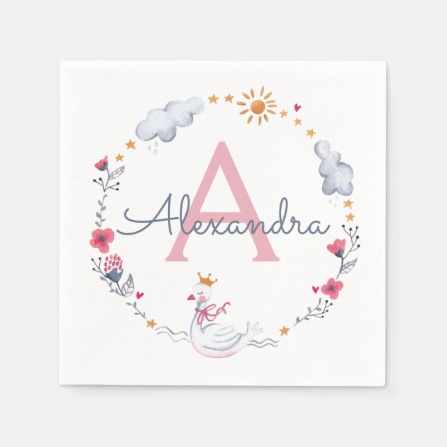 Cute pink swan & sun floral wreath with monogram serviette (Vorderseite)