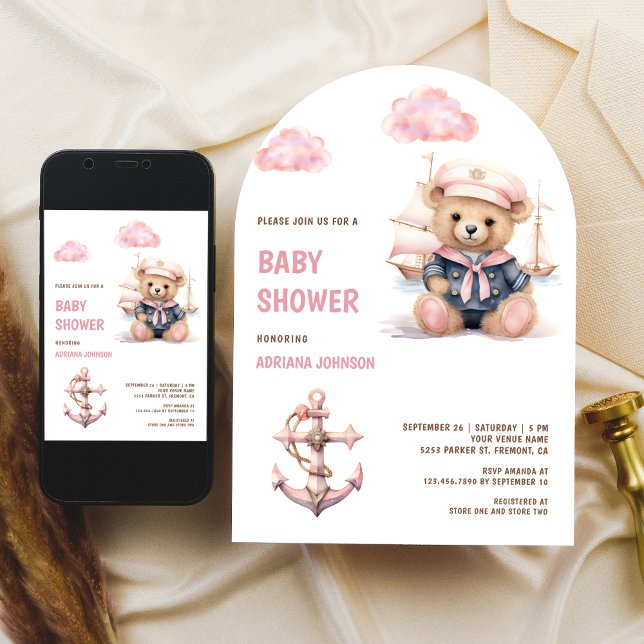 Cute Pink Teddy Bear Nautical Girl Baby Shower Einladung (Von Creator hochgeladen)