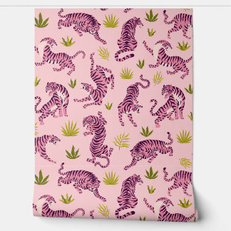 Cute Pink Tigers Tropical Leaves Abstract Animal Tapete