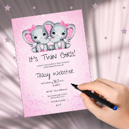 Cute, Pink Twin Baby Elephants Baby Shower  Einladung