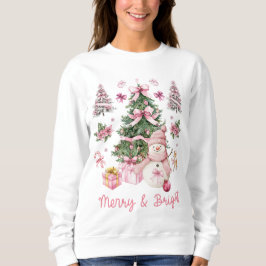 Cute Pink Watercolor Merry And Bright Christmas Sweatshirt