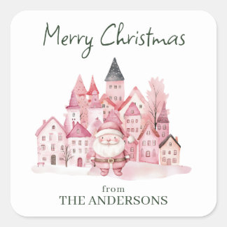 Cute Pink Winter Town Modern Christmas Quadratischer Aufkleber