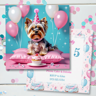 Cute Pink Yorkie Girl's  Birthday Party Einladung