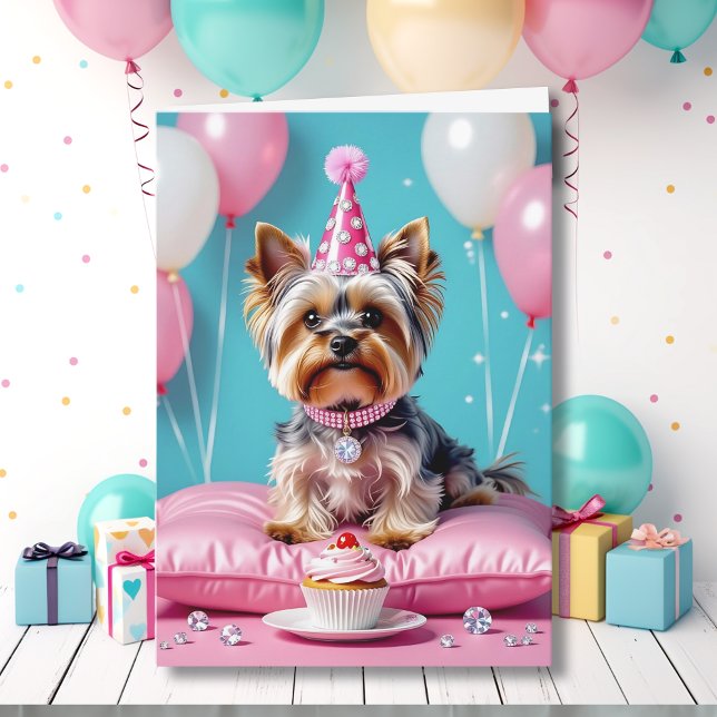 Cute Pink Yorkie Niece's Birthday Karte (Von Creator hochgeladen)