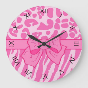 Cute Pink Zebra Leopard Animal Print and Girly Bow Große Wanduhr