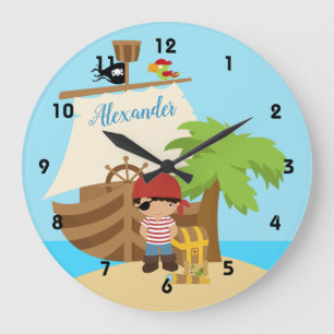 Cute Pirate Boy & A Big Ship Custom Name Große Wanduhr